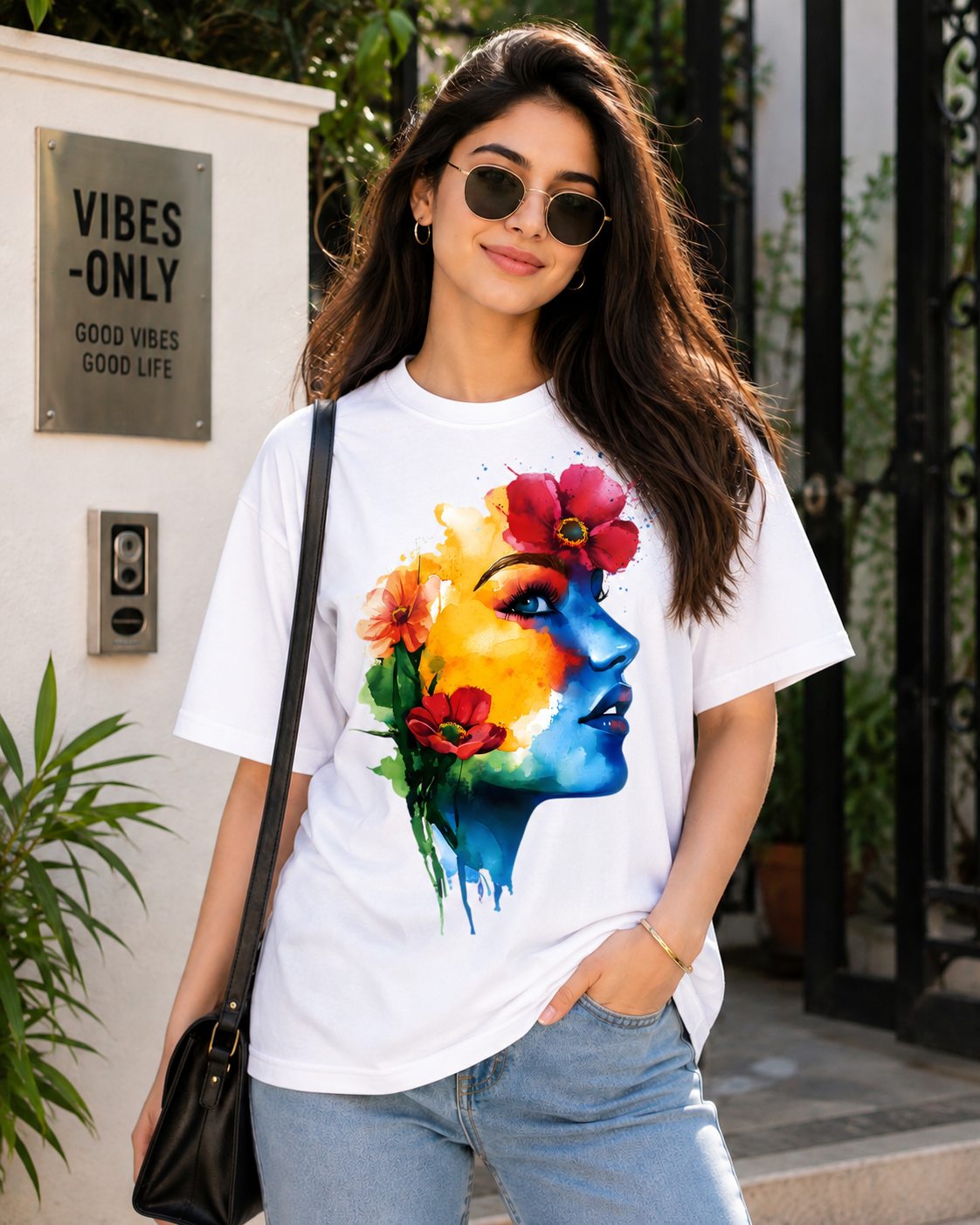 Women Artistic Floral Face Graphic Regular Fit T-Shirt