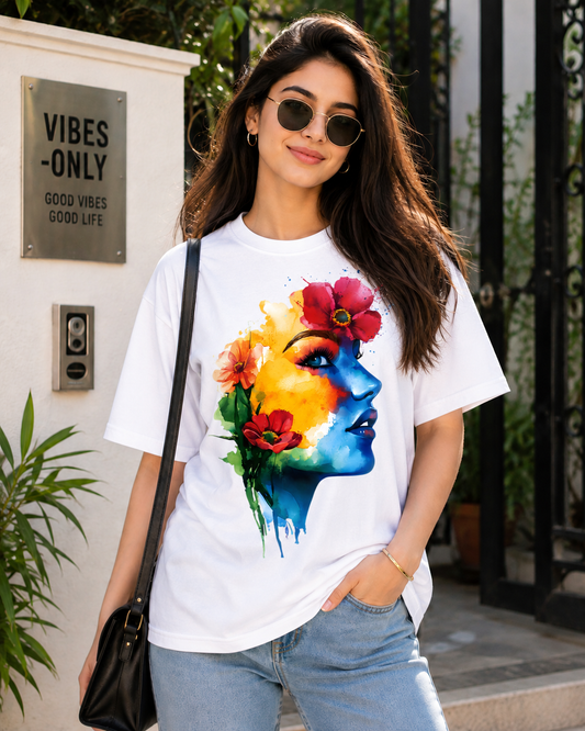 Women Artistic Floral Face Graphic Regular Fit T-Shirt