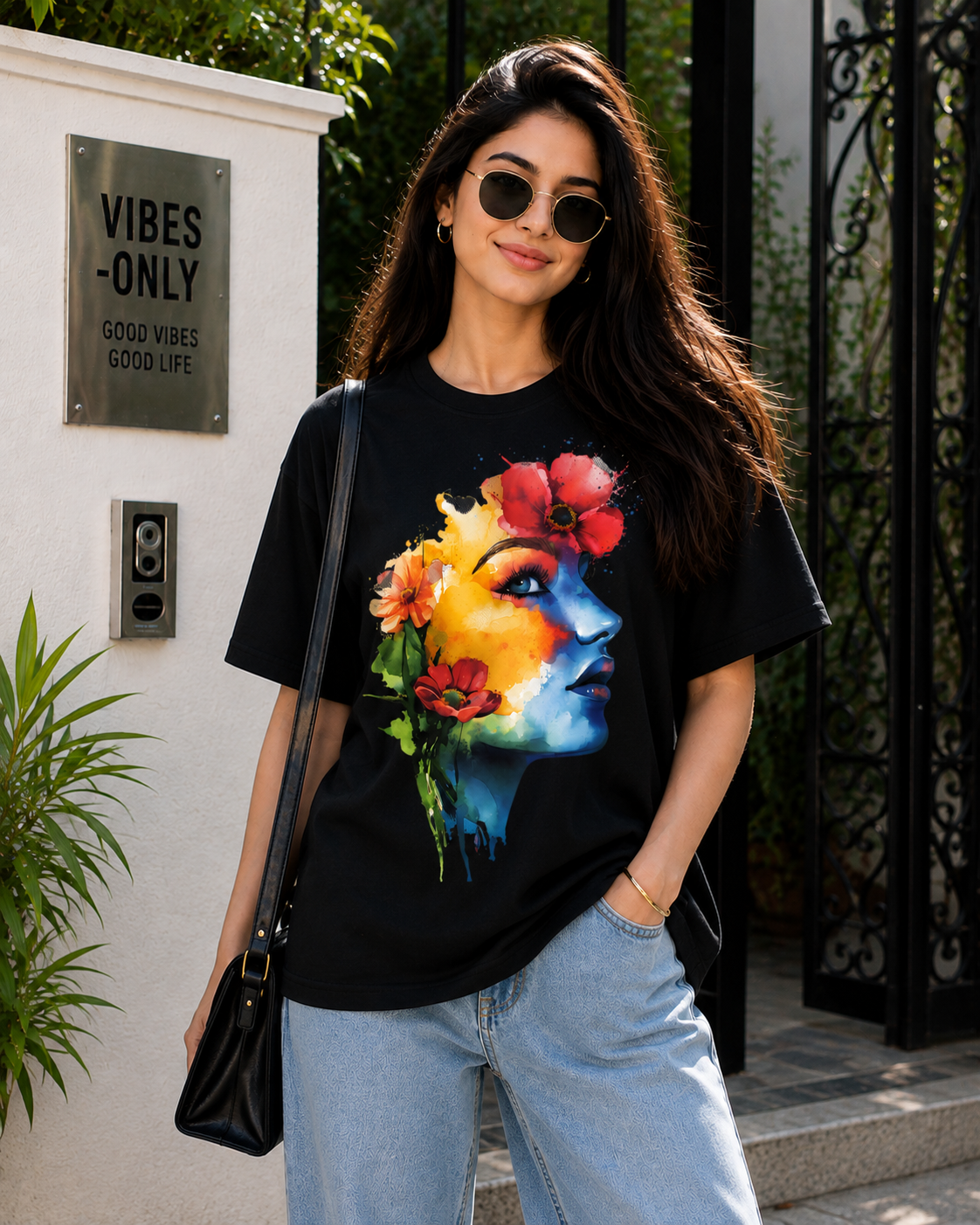 Women Artistic Floral Face Graphic Regular Fit T-Shirt