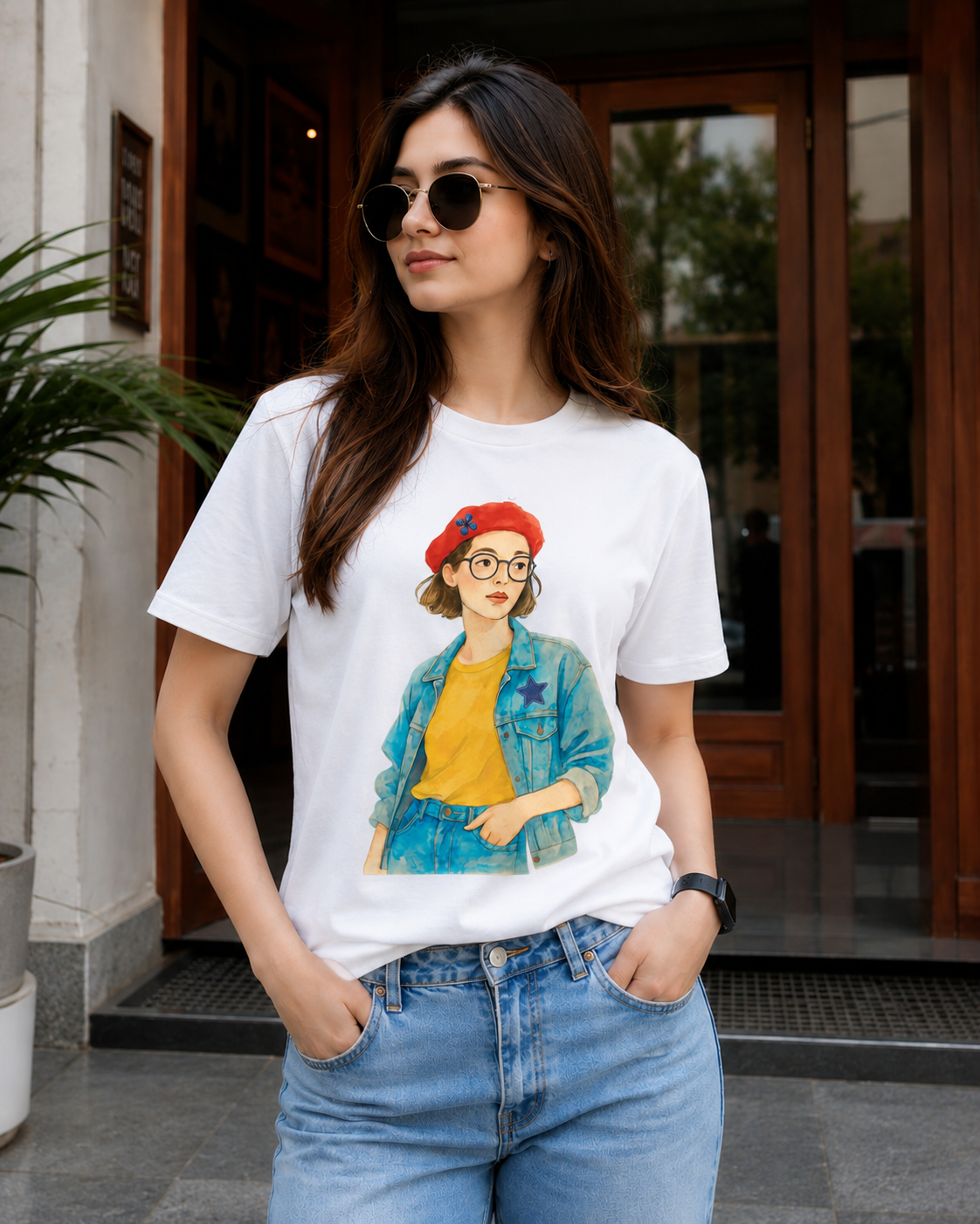 Women Denim Jacket Girl Graphic Regular Fit T-Shirt
