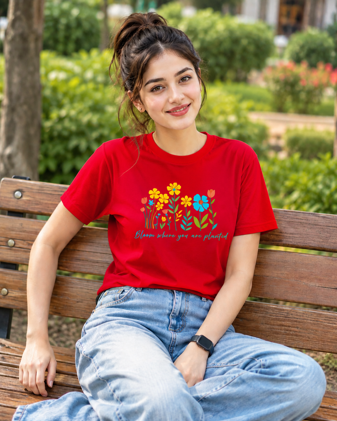 Women Blooming Flowers Graphic Regular Fit T-Shirt