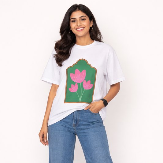 Women Tulip Flower Print Oversize Fit T-Shirt