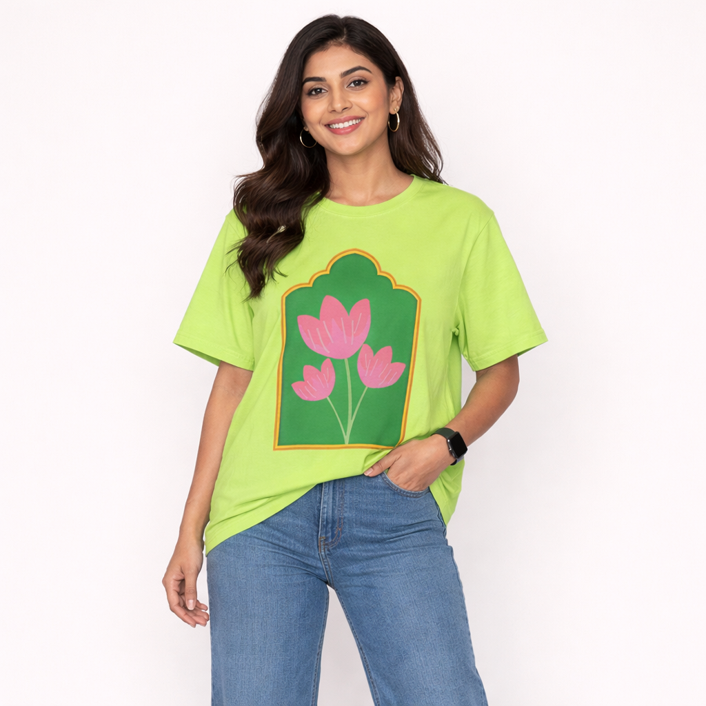 Women Tulip Flower Print Oversize Fit T-Shirt