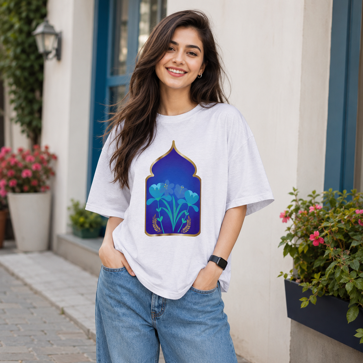 Women Ornate Blue Floral Graphic Regular Fit T-Shirt