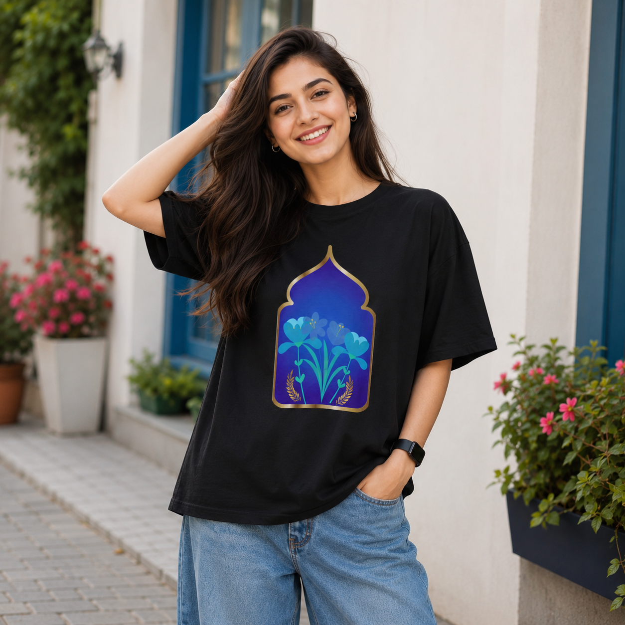 Women Ornate Blue Floral Graphic Regular Fit T-Shirt