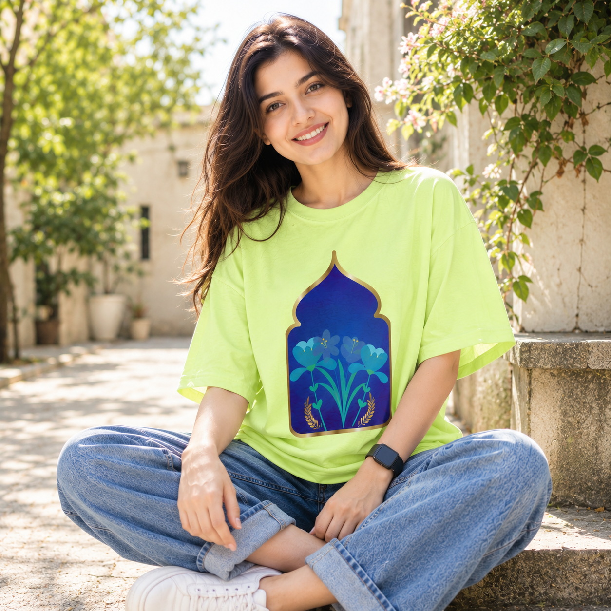 Women Ornate Blue Floral Graphic Regular Fit T-Shirt