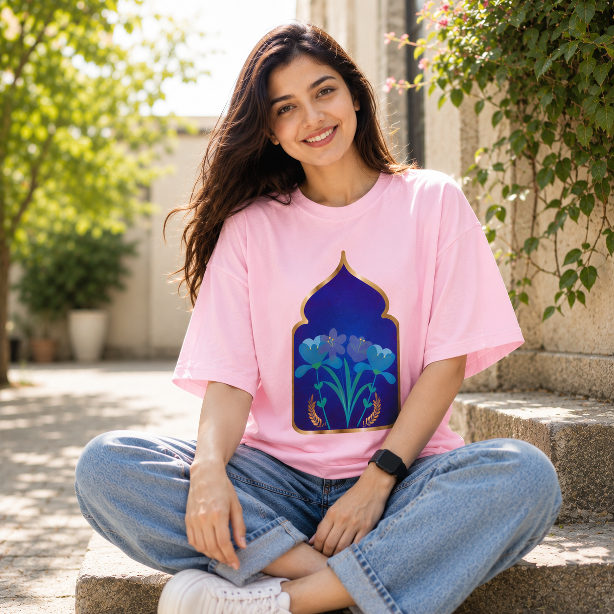 Women Ornate Blue Floral Graphic Regular Fit T-Shirt